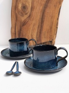 Filiżanka ceramiczna ze spodkiem ręcznie robiona granatowa -  Nocne niebo 