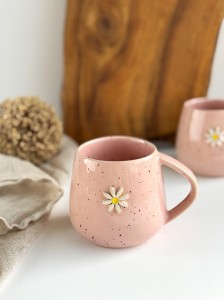 Kubek Beczułka ręcznie robiony 320 ml - Różowa stokrotka